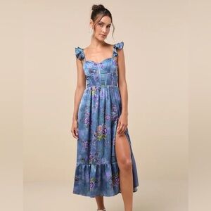 Lulu’s Sweet like Sangria Blue Floral Ruffled Bustier Dress